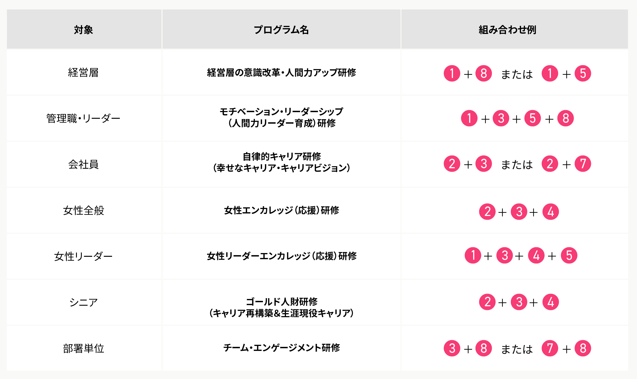 ヒューマンリテラシー（人間力）プログラム　対象別組み合わせ例